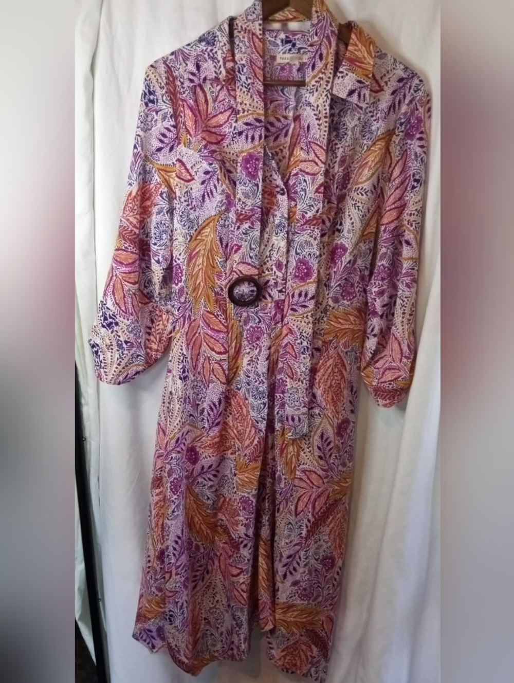 Large Boho Floral Maxi Dress Belt Purple Orange Retro Summer Office Cuff Sleeves